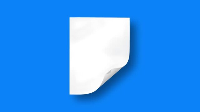 Blank white paper sheet with curled corner flipping gently, seamless loop on blue background, clean realistic shadow, minimal motion graphics overlay for corporate titles, flyers, and presentations