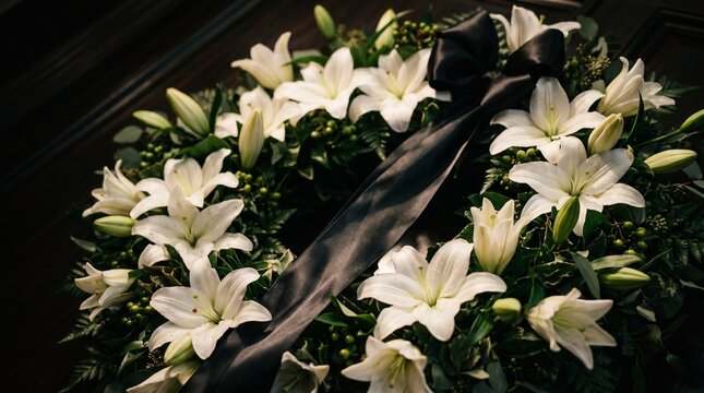 Funeral Wreath of White Lilies and Greenery with Black Silk Ribbon for Mourning