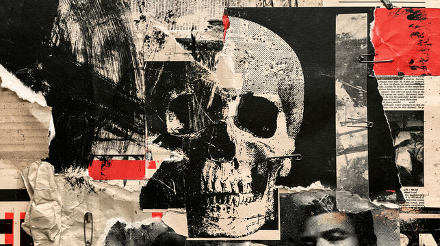 Punk Skull Mixed Media Collage With Torn Paper, Safety Pins and Red Grunge Accents