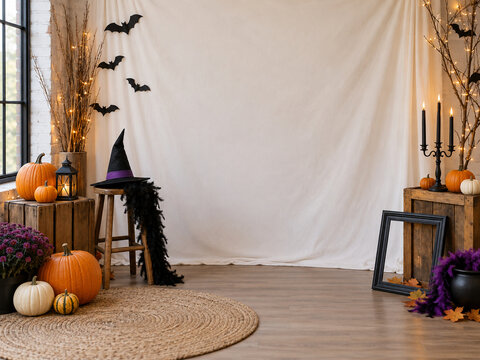 Halloween Party Room with Blank Photo Backdrop