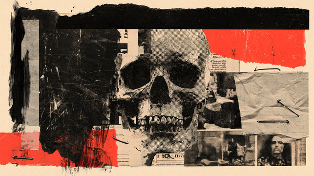 Punk Skull Grunge Collage With Torn Paper, Safety Pins and Red Accents