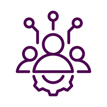 Purple outline icon representing business management team connection and operations development transparent background