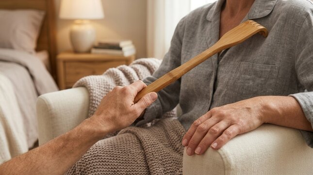 Gentle moment of relief: Hand uses back scratcher to ease itch on person lounging in armchair at home.