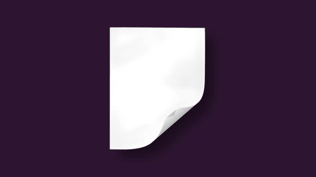 Blank white paper sheet with curled corner subtly flipping, seamless loop on dark purple background, clean realistic shadow, minimal motion graphics overlay for document reveal or title