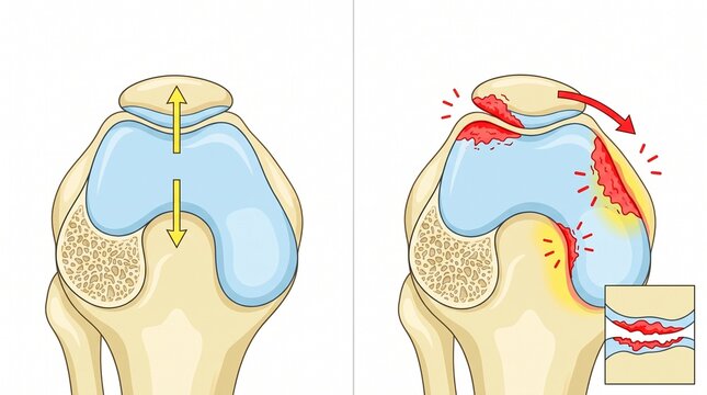 Medical Illustration Comparing Normal Knee Joint and Patellar Dislocation with Cartilage Damage, Isolated on White Background