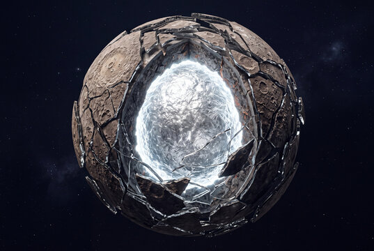 Shattered Mercury marble showing dense metallic core floating in void photograph