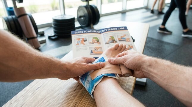 First Aid for Sports Injury: Applying Ice Pack and Bandage to Ankle in Gym Setting