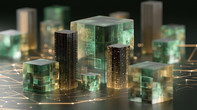 real estate tokenization concept, luxury skyscrapers transformed into digital asset cubes, blockchain network grid