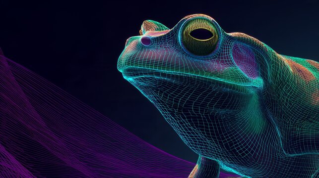 Retro Synthwave Neon Wireframe Frog 3D Render on Dark Background with Glowing Pink Laser Grid for Cyberpunk Digital Art