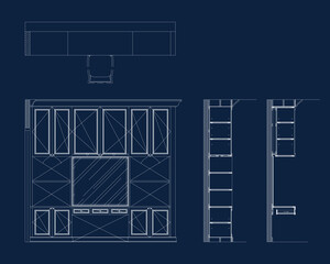 Built In Cabinet Interior Design with Dressing Table Decorative Molding LED Lighting Storage Shelves Section Construction Blueprint © Anucha
