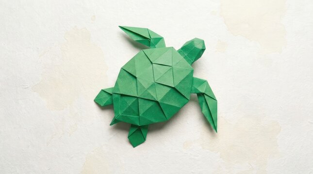 Green origami turtle folded from paper displayed beautifully on a white textured handmade paper surface background