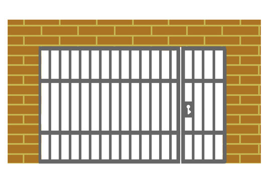 Wide prison metal bar gate with keyhole lock mechanism on brick wall background