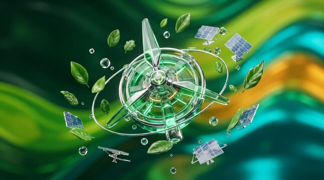 Sustainable green energy concept with wind turbine and solar panels, renewable power icons on abstract emerald background, eco friendly technology