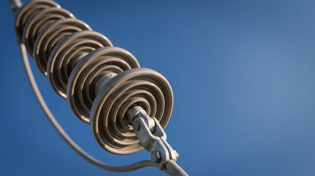 Electric transmission insulator string running diagonally across blue sky with copy space right