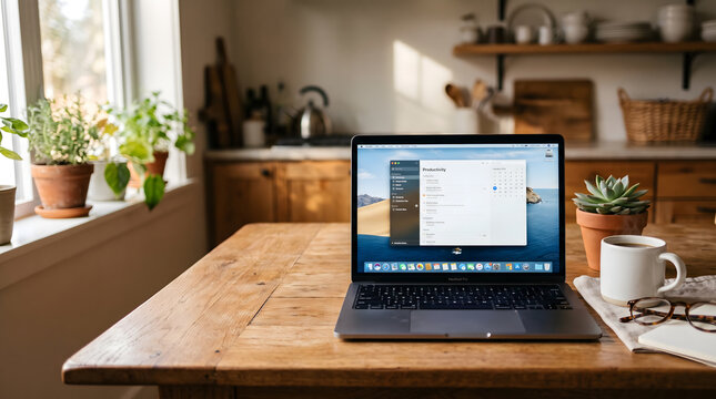 Laptop Displaying Productivity App on Wooden Kitchen Table