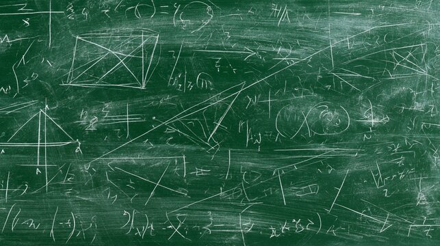 Chalkboard mathematics geometry equation formula diagram triangle graph education classroom, green school board covered with chalk drawing, algebra symbol, geometric shape, academic lesson