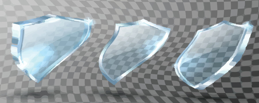 Glass shield realistic vector illustrations. Blank transparent blue acrylic glass panel with reflection and glow, award trophy or certificate template, front side view isolated on checkered background