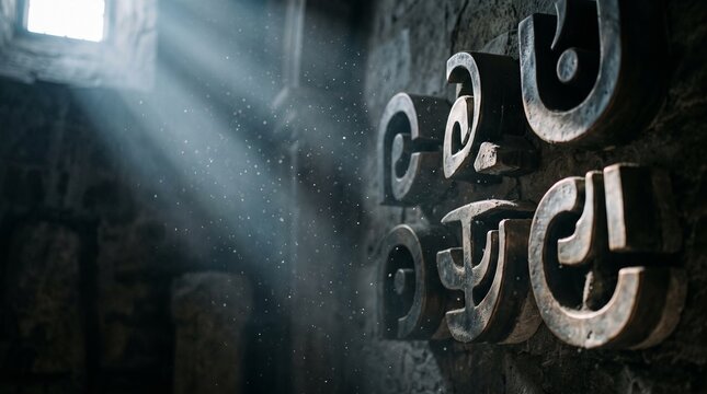 Ancient Runes on Stone Wall: Sunlight streams through a window, illuminating mysterious ancient runes carved into a weathered stone wall, hinting at forgotten lore and secrets.
