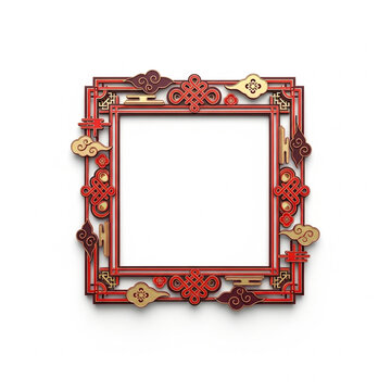 Elegant Red and Gold Ornate Square Frame Decoration with Clouds and Knots