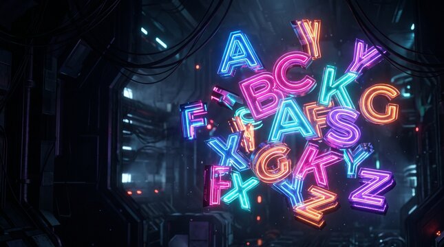 Alphabet Soup of Illumination: A vibrant, chaotic cluster of neon alphabet letters, glowing in a spectrum of blues, pinks, and oranges, drifts against a dark, industrial backdrop.