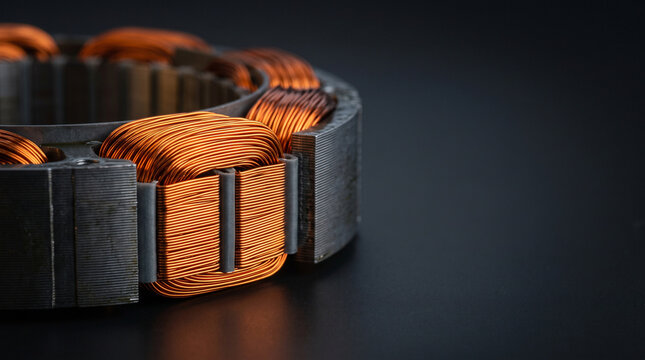 Electric motor stator with copper winding coils and laminated steel core macro on dark background