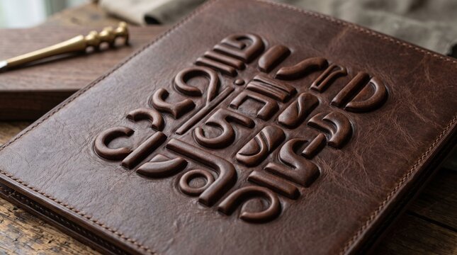 Embossed Leather Journal: A close-up of a rich brown leather journal with intricate embossed designs, hinting at a luxurious and sophisticated experience.