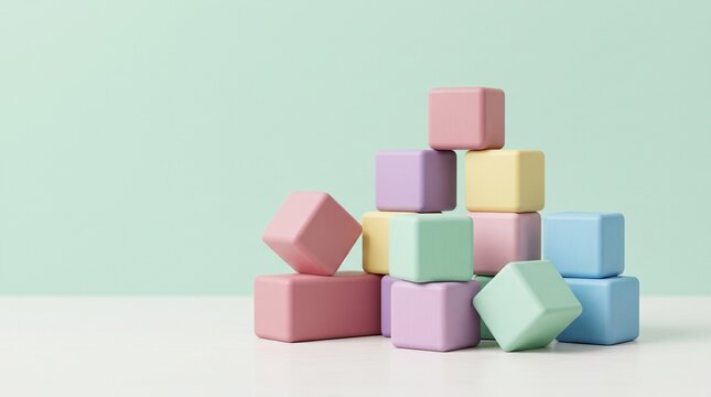 Pastel Building Blocks: A charming arrangement of pastel-colored building blocks stacked in a playful pyramid against a soft mint-green backdrop, evoking a sense of creativity and childhood wonder.