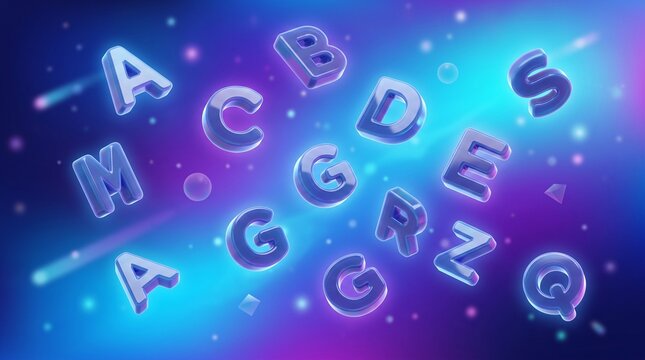 Alphabet Nebula: A dazzling cosmic display of glowing letters floats through a vibrant nebula, creating an ethereal backdrop for learning and imagination.