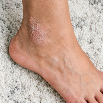 Macro view of a dry scaly patch on the outer ankle above a bare foot on a pale rug in bright light