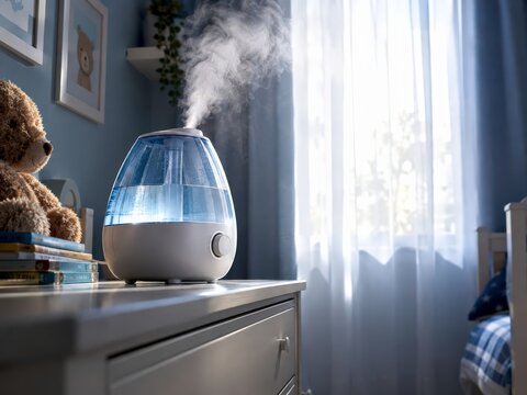 Cool mist humidifier creates vapour on child's bedroom dresser near curtained window