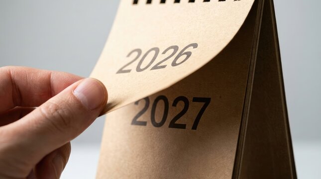 Human hand turning paper page of brown desk calendar revealing year twenty twenty seven now approaching