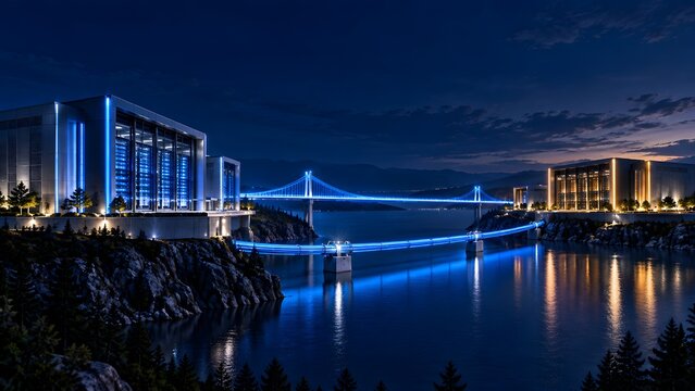 Large futuristic data center facilities connected by glowing blue fiber optic bridge over water at night showcasing global network infrastructure.