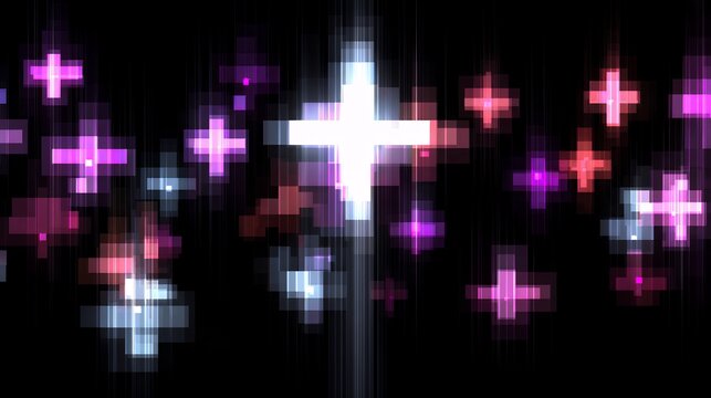 glowing pixelated sparkles cross signs 8-bit retro video game meme overlay effect floating on dark digital aesthetic background