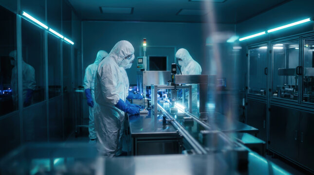 Workers in Cleanroom Suits Operating Robotic Assembly Line