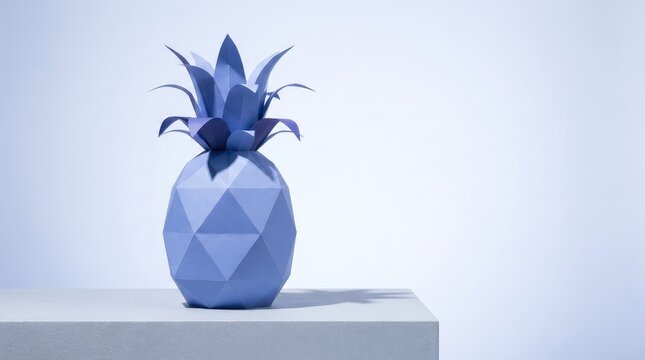 Blue geometric paper pineapple sculpture standing on a minimalist grey pedestal against a soft light background