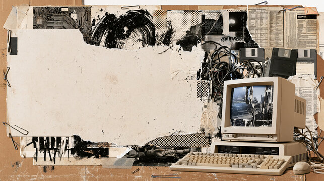 Retro Computer with CRT Monitor and Floppy Disks in Grunge Technology Collage with Copy Space