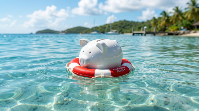 Piggy Bank in a Lifebuoy Floating on the Ocean