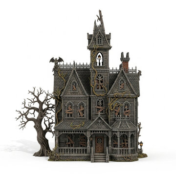 Detailed Rendered Haunted House Spooky Abandoned Building Halloween Season Illustration