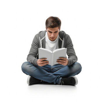 Casual Young Man Reading Open Book Sitting Cross Legged