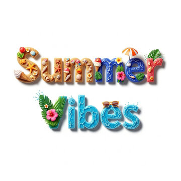 Playful Decorative Summer Vibes Typography Illustration on White Background