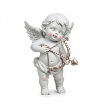 Rendered Adorable Cupid Sculpture with Bow and Arrow White Background