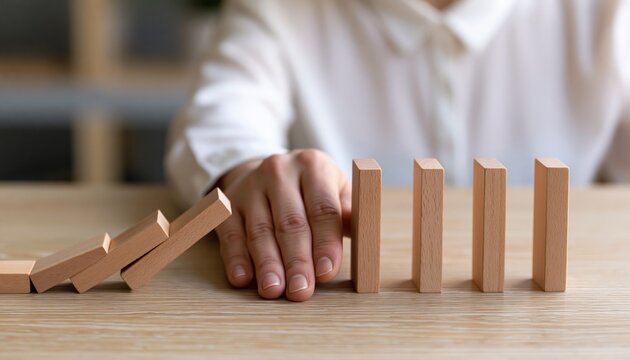 Hand stopping falling dominoes for business risk management and crisis prevention strategy and stability protection