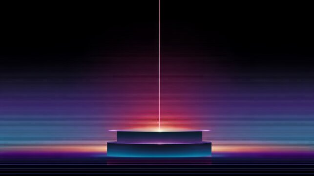 neon glowing podium pedestal with vertical laser beam synthwave retrowave sunset landscape futuristic abstract vintage background