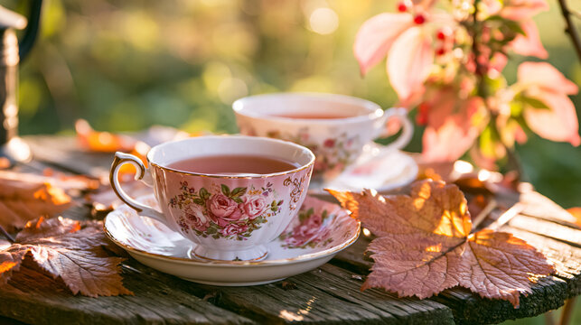 Two charming teacups filled with hot tea on an old wooden table surrounded by fallen autumn leaves, creating a cozy and tranquil scene