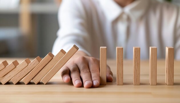 Domino effect stop by business hand for risk prevention and crisis management strategy to ensure success and failure