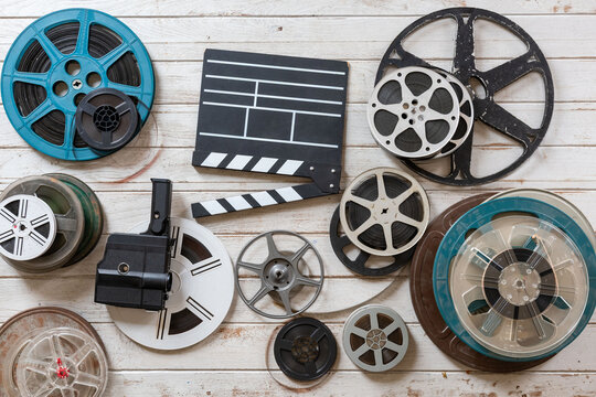 Vintage film reels and clapperboard