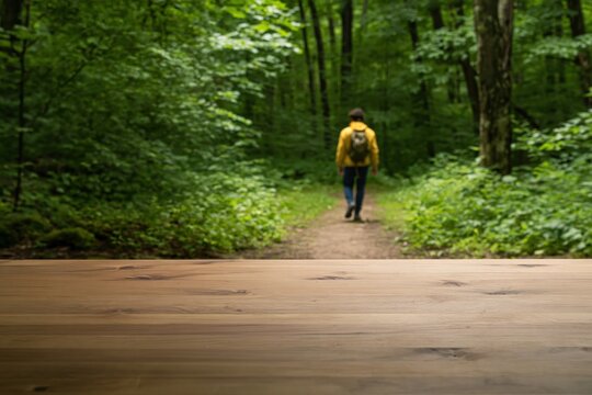 Hiker walking on a narrow path through a dense green forest with a backpack exploring nature on an adventure trail