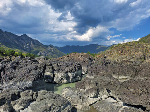 Coastal rocks on the banks oj Teldykpen rapids on Altai river Katun near Oroktoi.