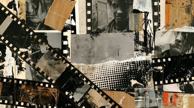 Vintage Film Strip Grunge Collage with Analog Photography, Torn Paper and Halftone Textures