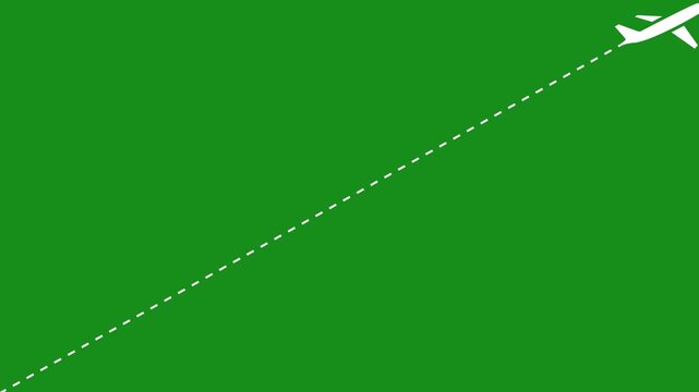 Minimalist white airplane flying along dashed flight path route line on solid chroma key green screen background.